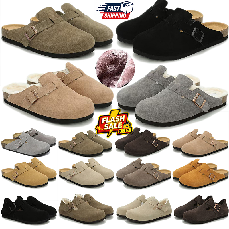 free shipping boston clog designer slippers sandals slides mens womens mules shoes flat clogs taupe khaki sand black gray Comfortable suede leather