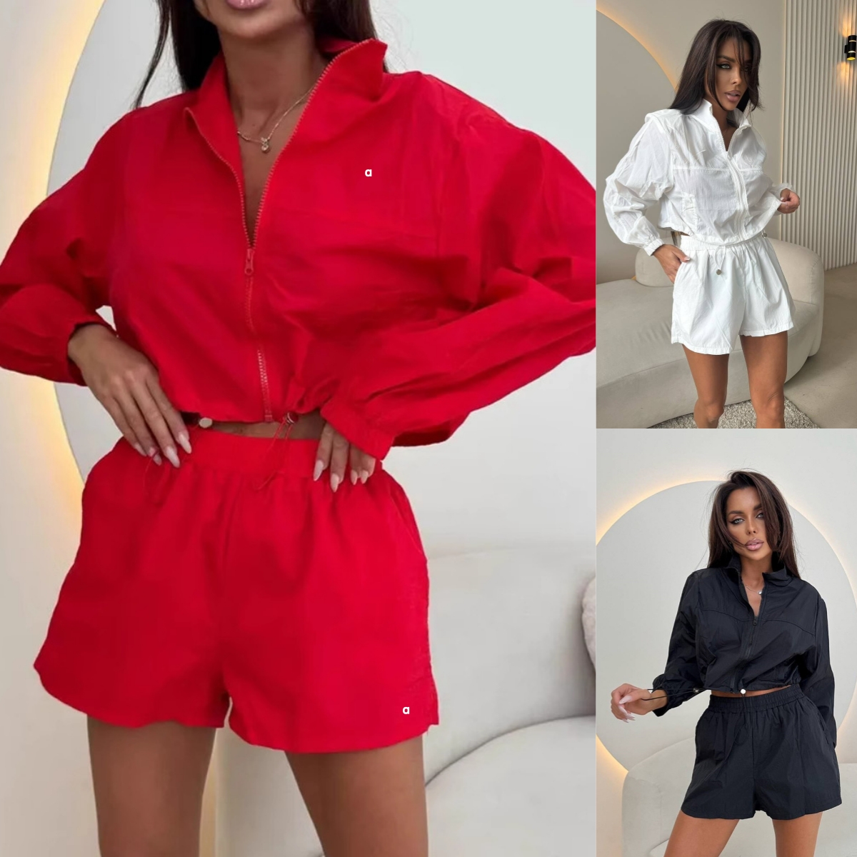 A3070 ensemble décontracté couleur unie cardigan zippé à manches longues avec cordon de serrage à la taille et short élastique ensemble deux pièc