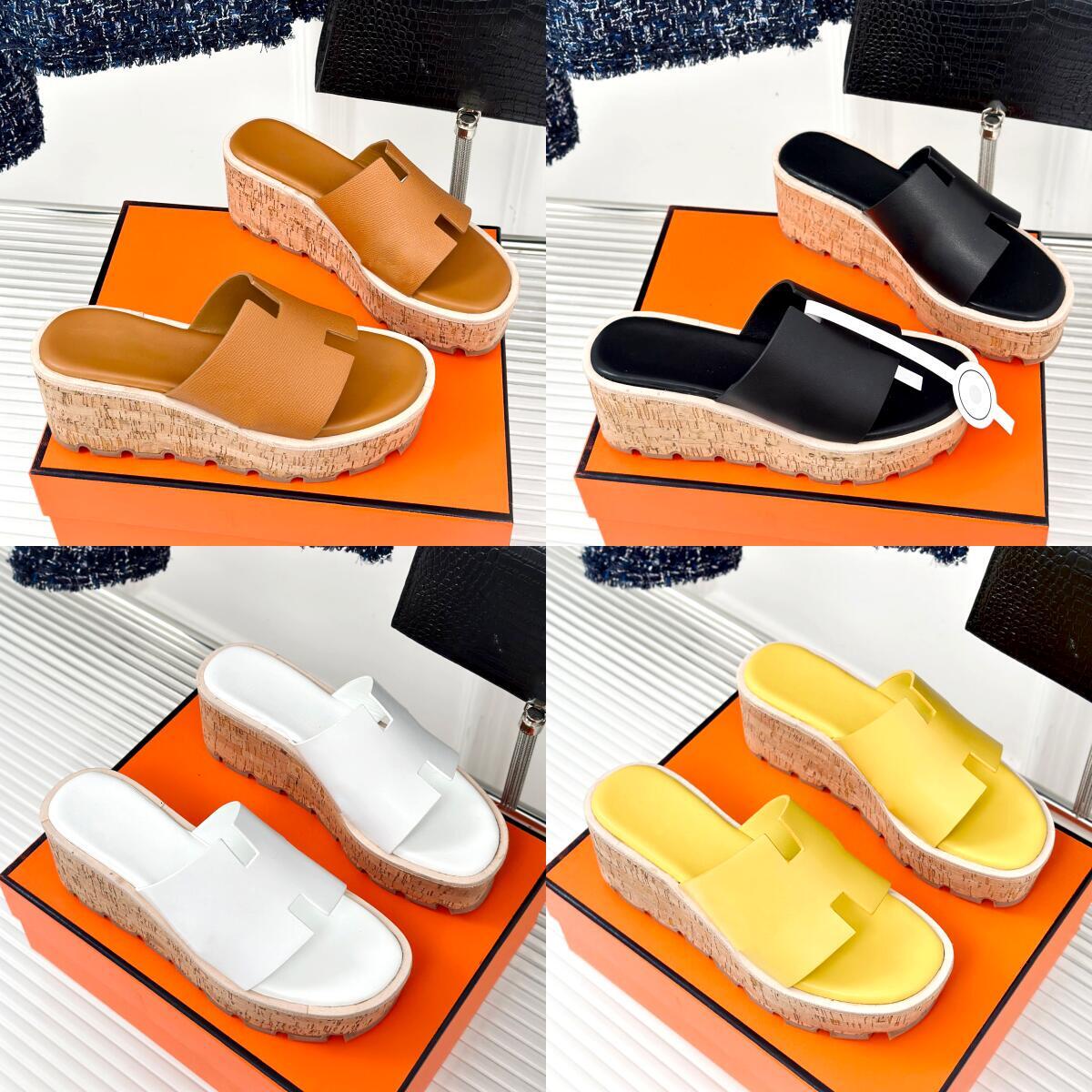 Luxury H-shaped hollow cork platform wedge sandals Womens Open-toe backless Slip-on slippers Designer Smooth leather Stylish Summer Outdoor beach va