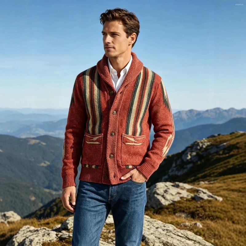 Luxury And Fashionable American Retro Collar Striped Cardigan Men's Autumn Winter Jacquard Knitted Jacket Top Sweater