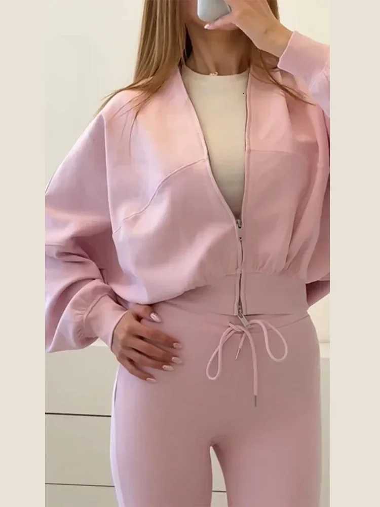 Pants Piece Women's Casual Two Solid Coat Pant Set Women Full Sleeve Zippers O-neck Coats Long Straight Slim Pants Sets Female 2026 Autumn Lady