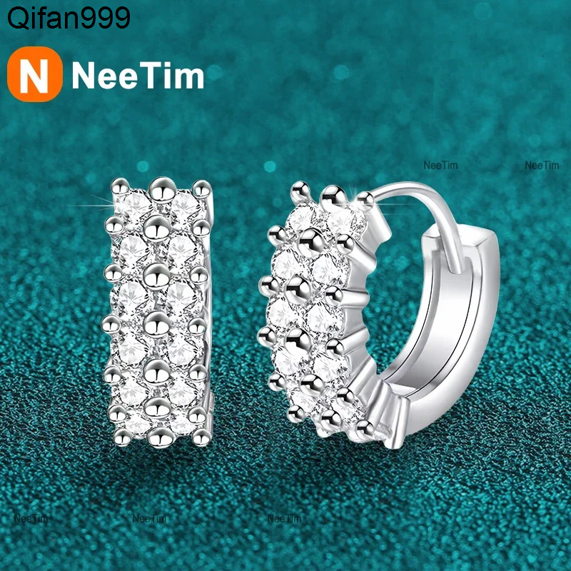 NeeTim 2mm Full Moissanite Earrings Women Luxury Quality Party S925 Sterling Silver with White Gold Plated Hoop Wedding Earring