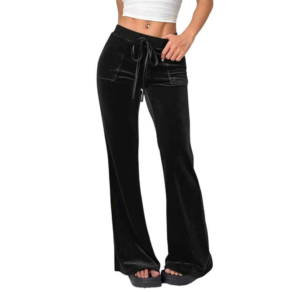 Slim Fit Velvet Flared Pants Office Everyday Black High Waist Flared Pants Solid Color Women Stretch Fabric 261008