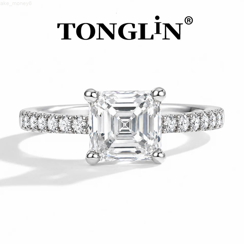 TONGLIN 1.2CT Asscher Cut Moissanite Engagement Ring for Women D VVS1 S925 Sterling Silver 18K Gold Plated Pave Wedding Ring
