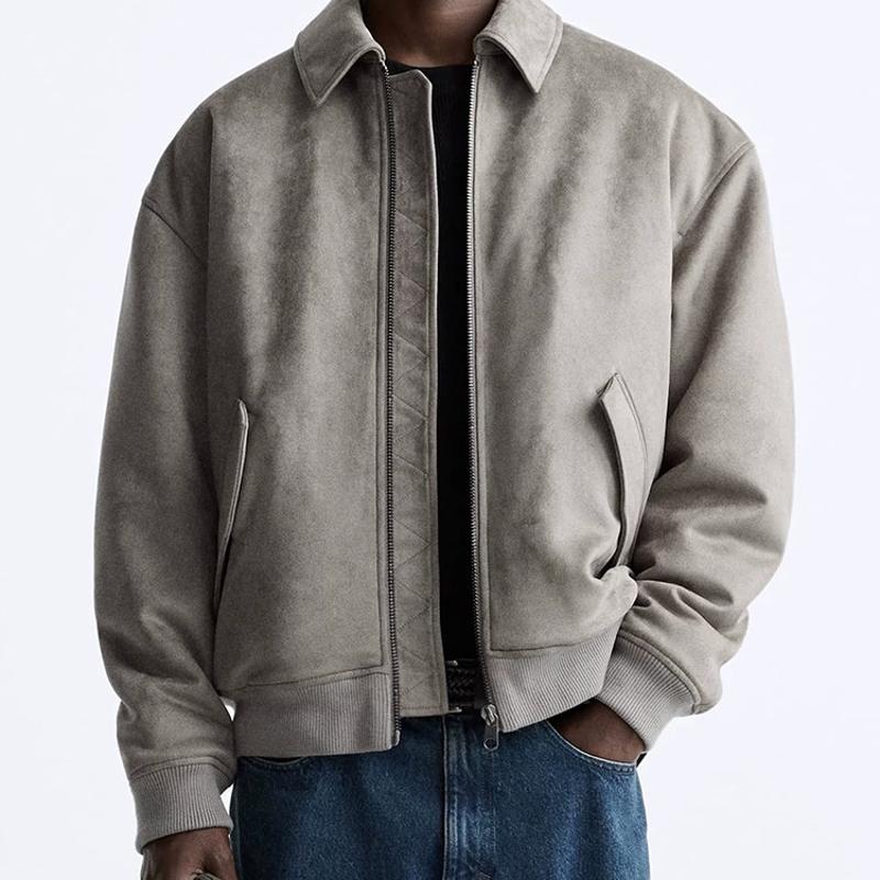 Veste matelassée en faux daim pour hommes, manteau d'hiver ample court et épais à revers, haut décontracté à manches longues avec poche zippée de