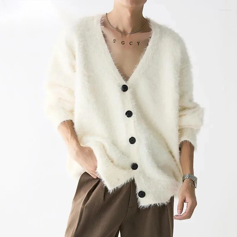 Winter Men's Cardigan Solid Color V-neck All-match Simple Korean Style Single Breasted Knits Loose Male Sweaters CDR5