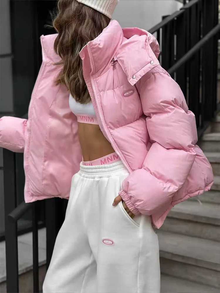 HH Women's Down Parkas Woman Casual Long Sleeves Pockets 4-Color Solid Coats Winter Woman Zipper Drawstring Detachable Hooded Warm Cotton-padde