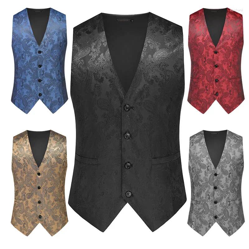 Asian-sized Men's Black Suit Vests Sleeveless V-neck Vest Jacket With Cashew Flower Pattern Suitable For Weddings/Parties Top.