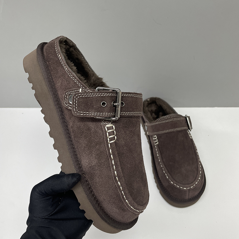 Furry Wool Clogs EU43 Women Designer Slippers Platform Mules Buckle Strap Ankle Boots Warm Sheepskin Lined Casual Footwear 474
