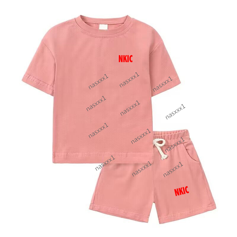 Summer 100% Cotton letter Printed Children Short Sleeve Pink T-shirt Shorts 2pcs Set Kid Boy Girl Casual Brand Clothes Sport Outfits
