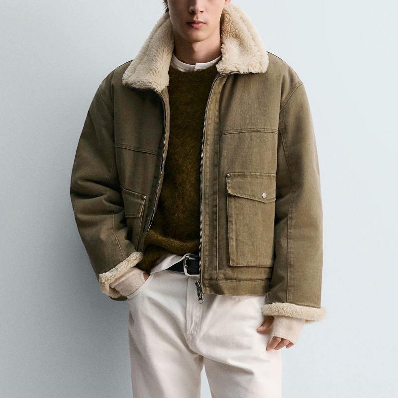 Men's Winter Washed Cotton Jacket Faux Fur Collar Fleece Lined Thick Warm Loose Fit Streetwear Designer Outerwear