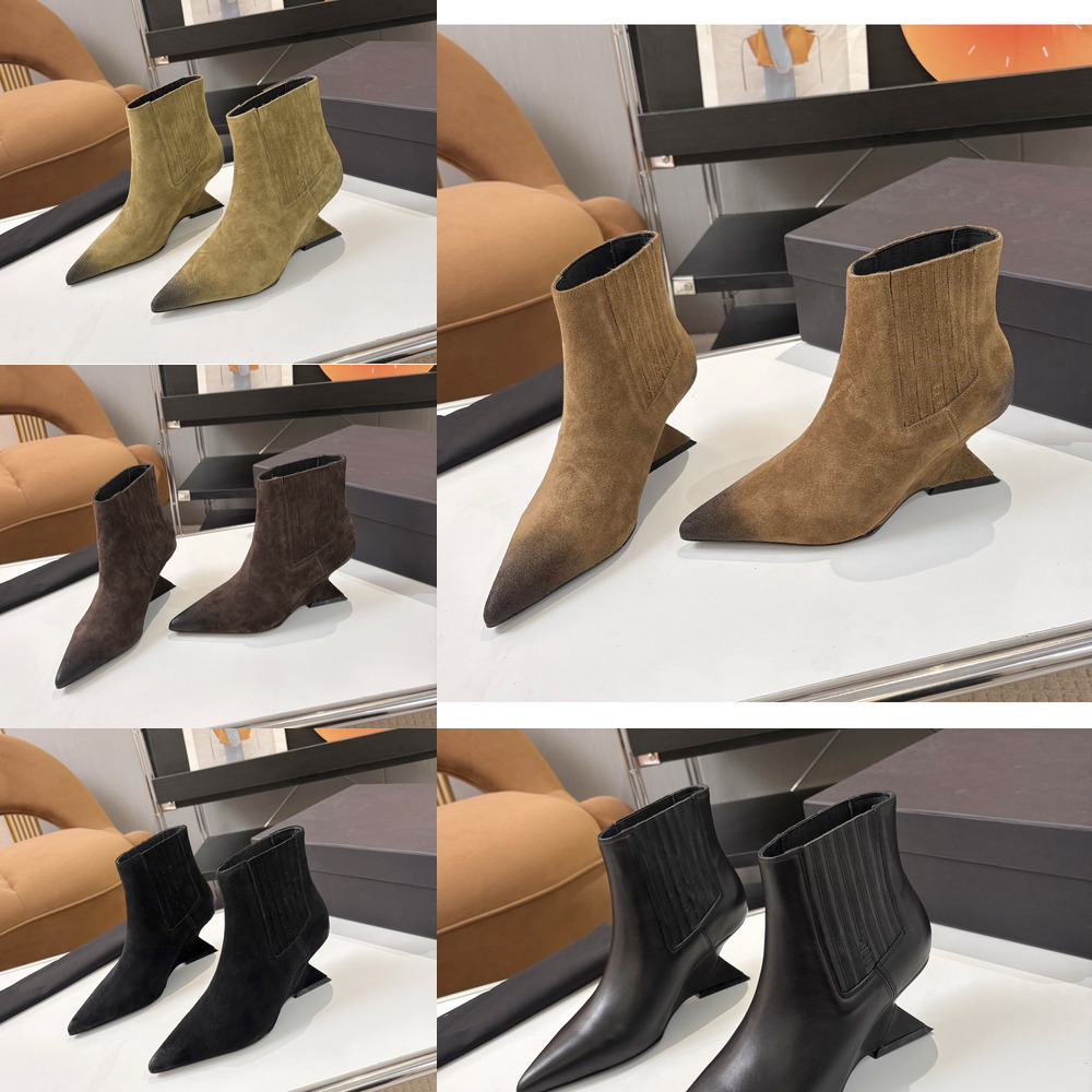 boot woman designer wedge point toe matte leather ankle chelsea luxury comfortable yellow green black work office vintage retro casual modern fashio
