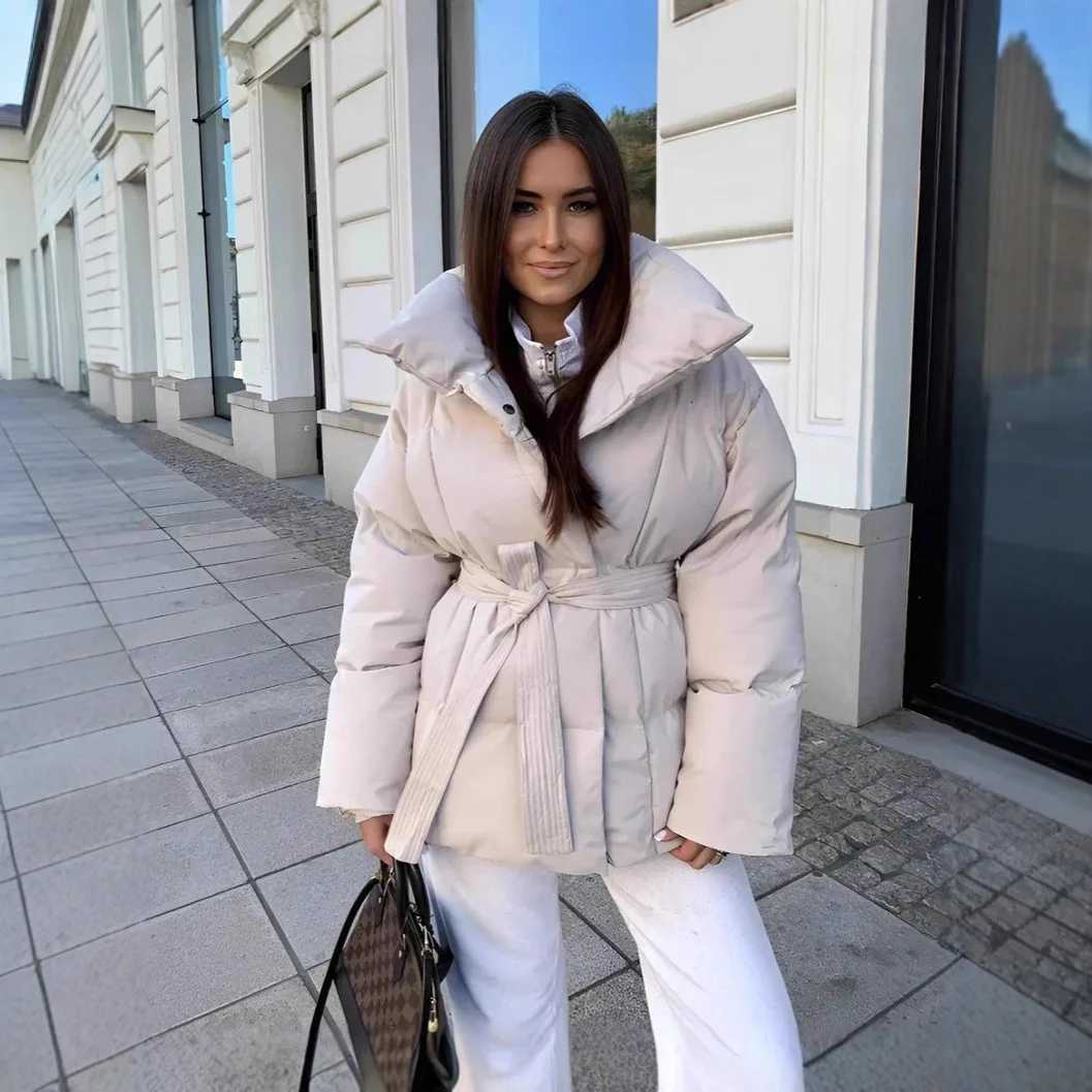Zekye Parkas Women's Down Down Jacket Warm Waist-cinching Long-sleeve Tied-waist Loose Solid-color Fashionable Women's Winter Jacket Light