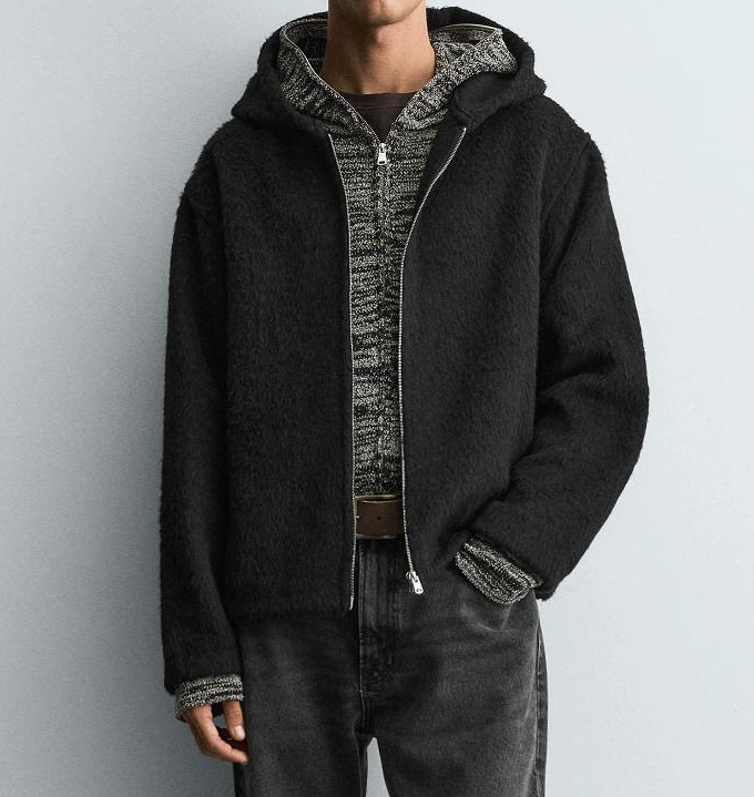 Men's Autumn Winter Wool Blend Faux Fur Hooded Jacket Zip Up Warm Fleece Coat Casual Outerwear Black Grey S-XL