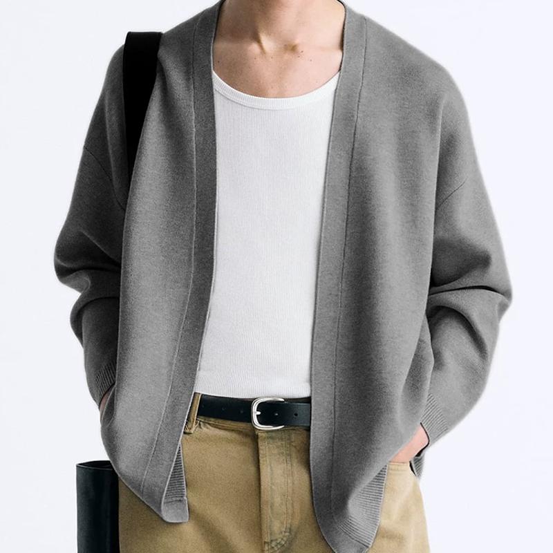 Pull cardigan en tricot à col en v pour hommes, vêtements d'extérieur amples décontractés à manches longues de couleur unie pour le printemps et