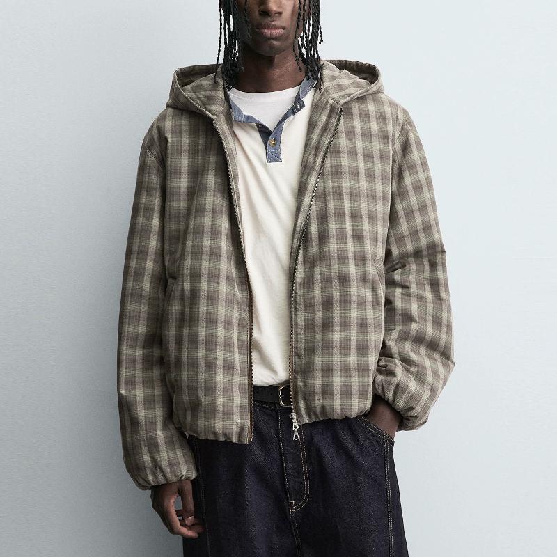 Veste matelassée à capuche en coton à carreaux pour hommes, coupe ample, décontractée, fermeture éclair, manteau rembourré, vêtements d'extérieur