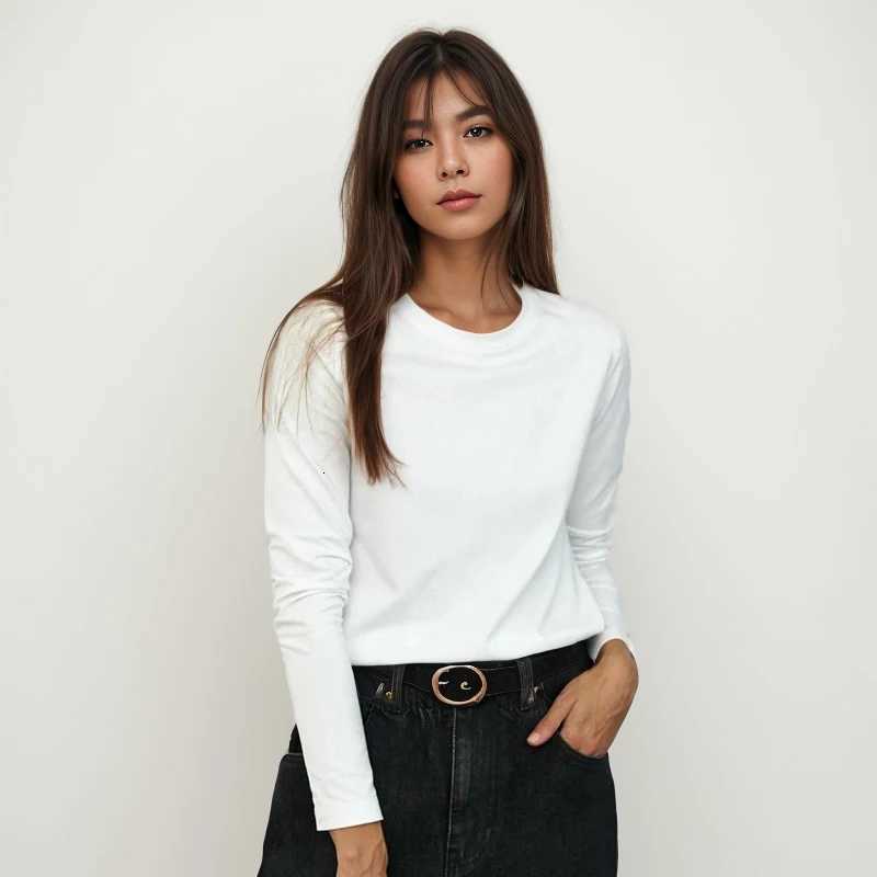 Long Cotton Women's T-Shirt Sleeve Tops Solid Woman Clothing O-neck 220 Grams Heavy T-shirt Y2k Comfortable Casual Tee Fall Winter Shirt YH2531