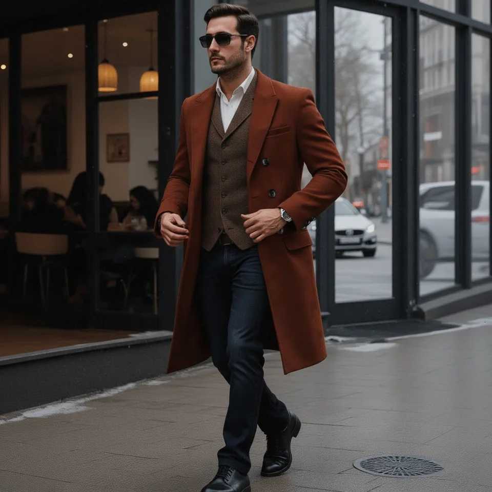 Men's Premium Mid-Length Double Breasted Woolen Coat Heavyweight Thickened Warm Lined Jacket for Winter X261008