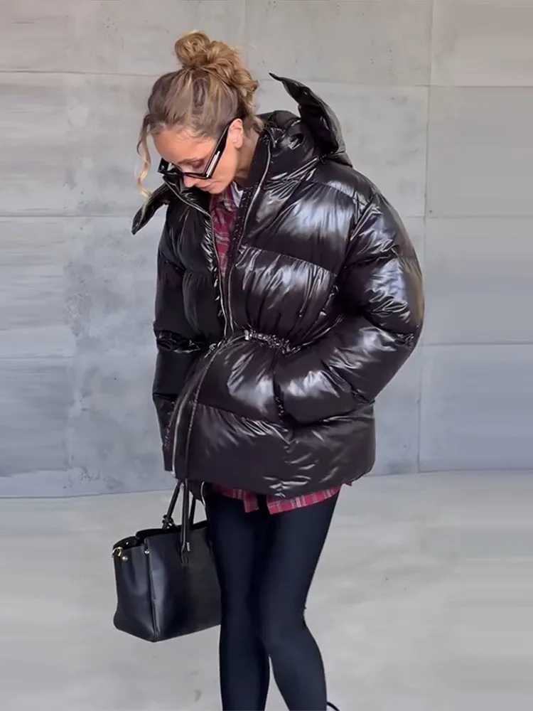 Parkas Women's Shiny Down Drawstring Hooded Puffer Coat Zip Up Loose Warm Collar Pocket 2026 Autumn Women Daily Outerwear Casual Chic Lady Over