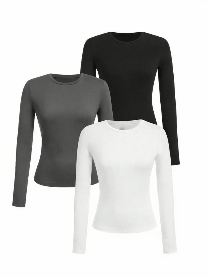 Women's solid-color long-sleeved T-shirt - Polyester knitted fabric round neck regular fit fall-winter style 261008