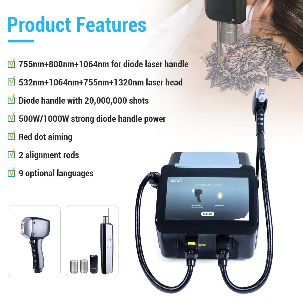 2 IN 1 Picosecond 2000w Diode Laser Hair Removal Skin Rejuvenation Epilator and Tattoo Removal Machine