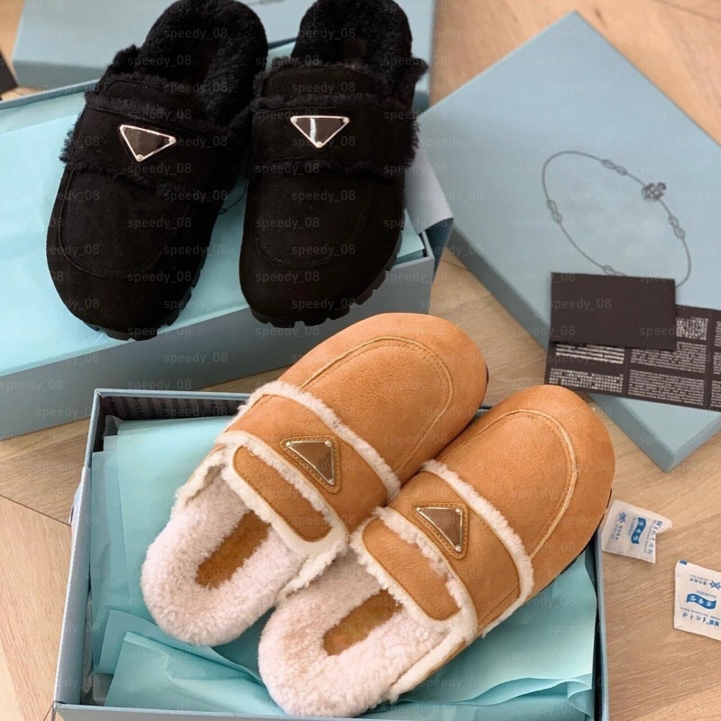Designer Enameled Metal Triangle Suede Mules Faux Shearling Lined Slip On Clog Slippers Flat Thick Sole Warm Winter Closed Toe Backless Casual Footw