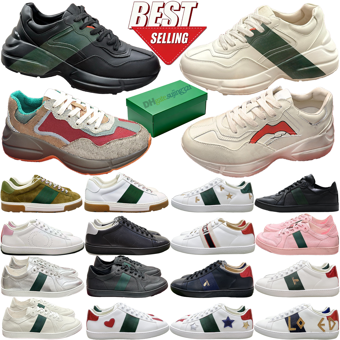 web rhyton sneakers 12A high quality luxury designer shoe men women retro classic shoes monogram dad shoes suede pattern embroidery latex casual sho