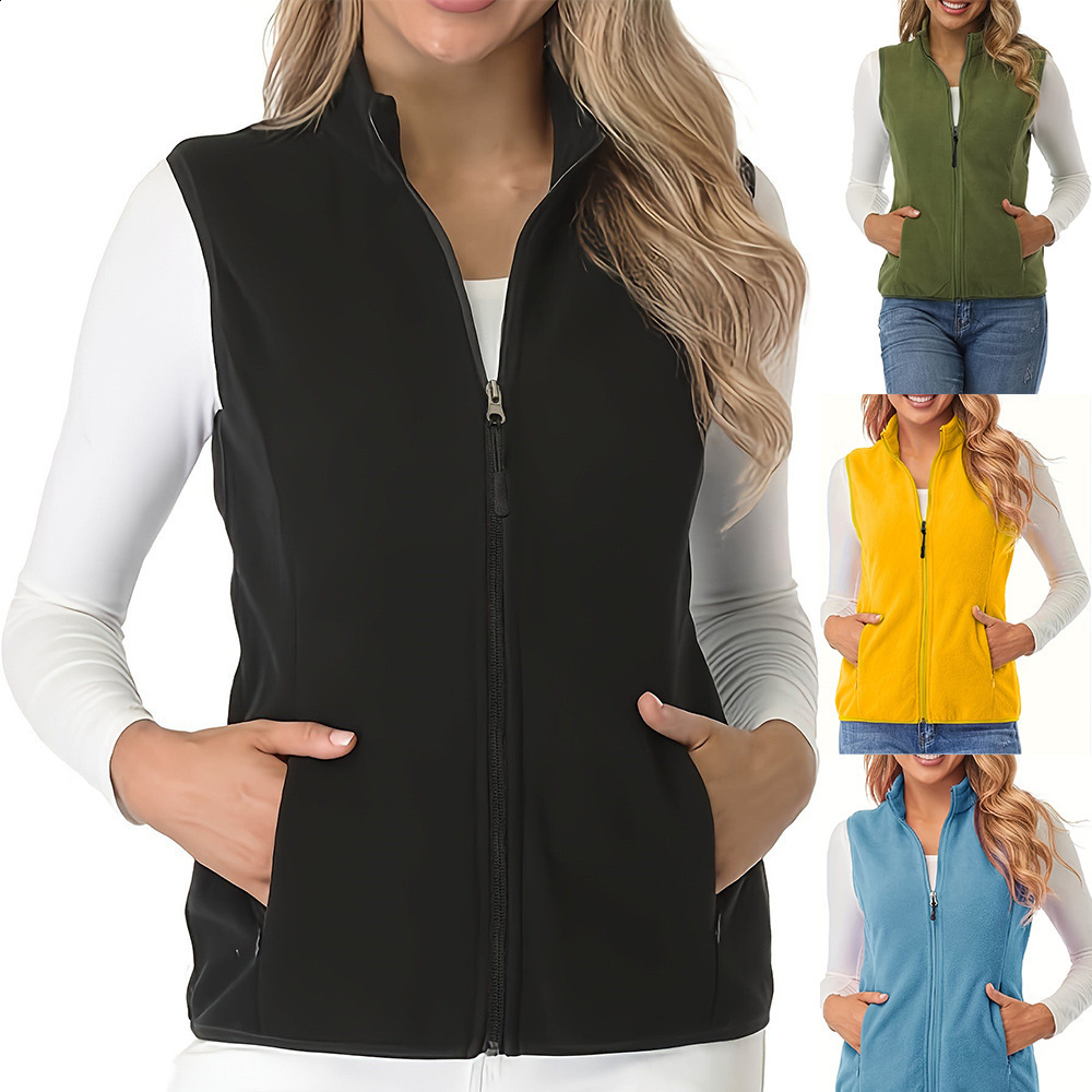Plus-size women's autumn and winter vest fleece-lined with zipper pockets sleeveless cardigan jacket plus-size women's clothing 241030