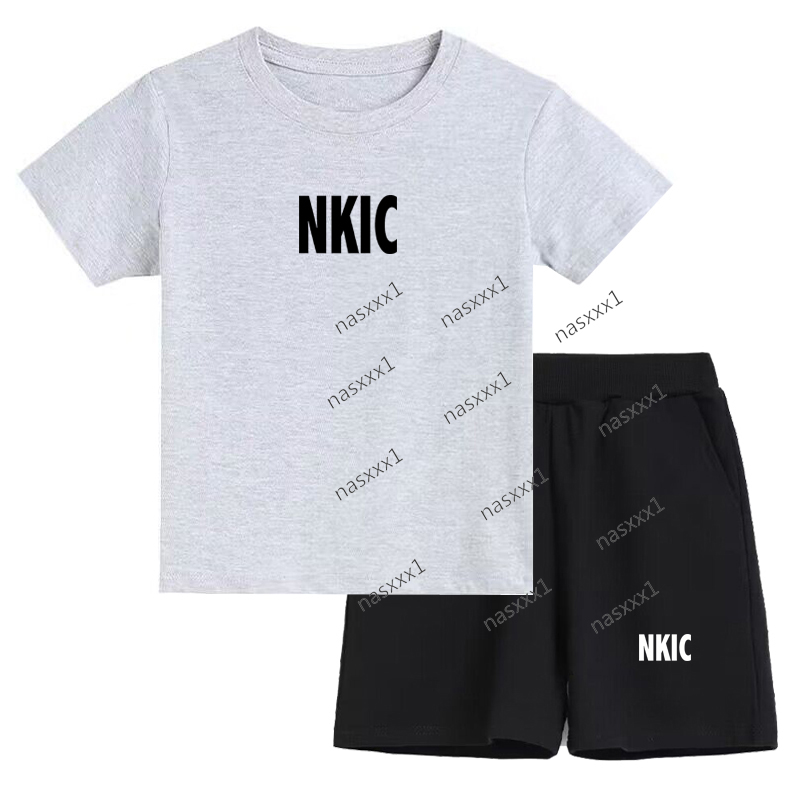 Ensemble d'été 2 pièces pour enfants, T-Shirt et Short gris à manches courtes 100% coton, survêtement sportif décontracté à la mode pour garçon e