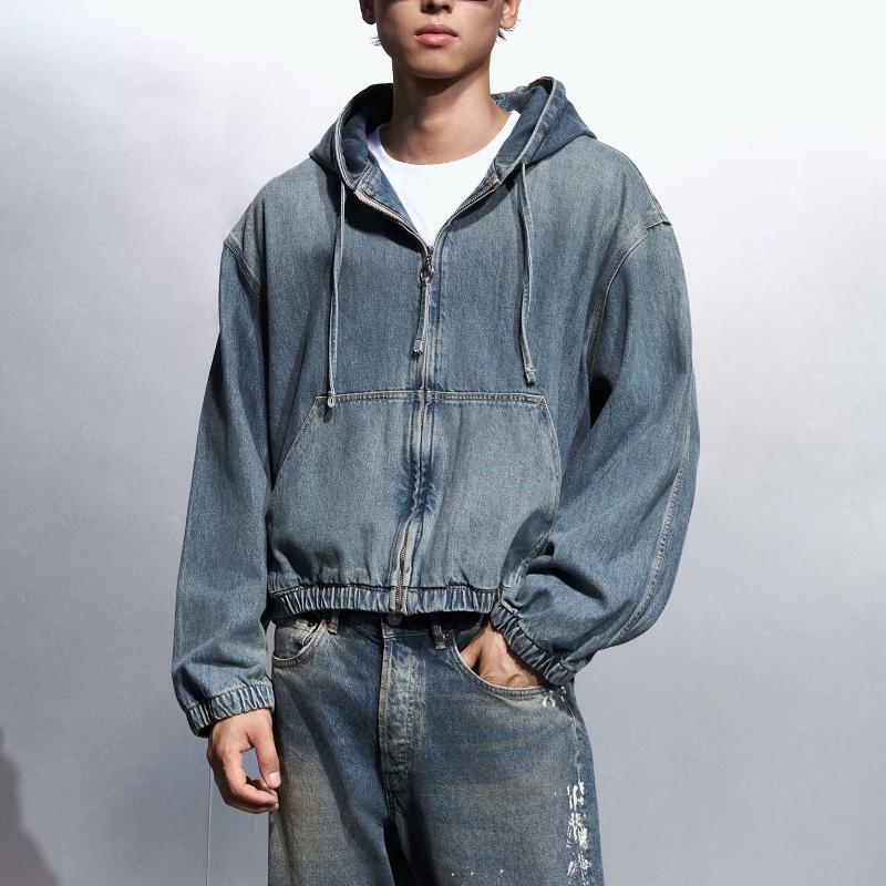 Designer Washed Denim Hooded Jacket Loose Fit Short Zip-Up Casual Coat Spring Autumn Winter Outerwear