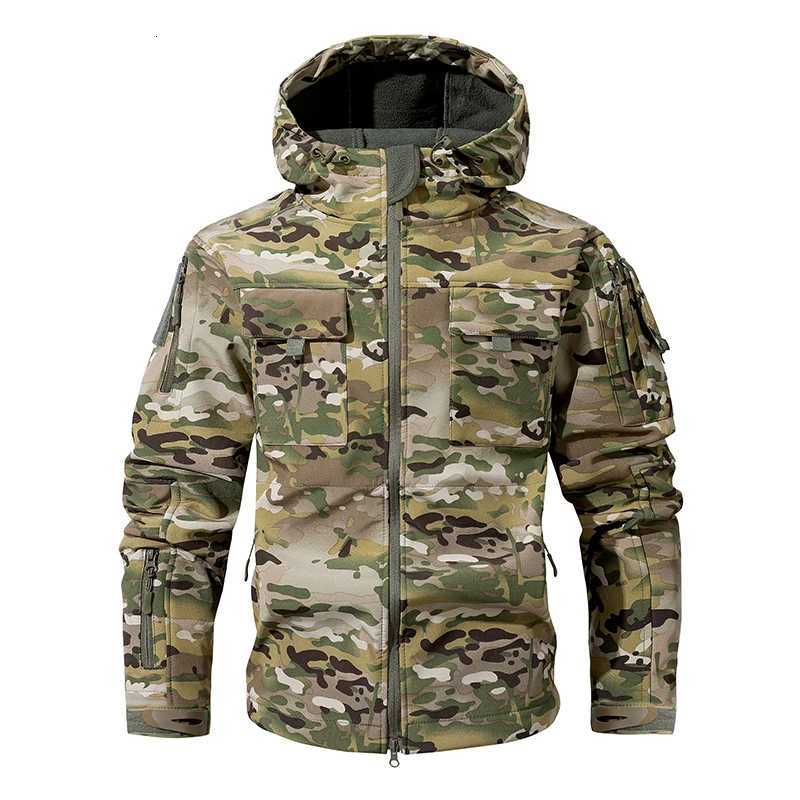 Outdoor Jackets Hoodies Men's Silent Soft Shell Camouflage Tactical Jacket Waterproof Warm Fleece Hunting Jackets Outdoor Hiking Fishing Hooded