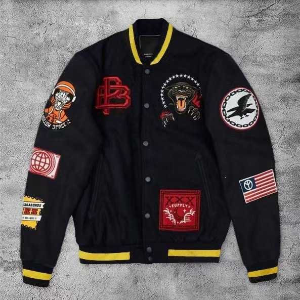 Men's Jackets 2026 New Fall/Winter American Baseball Jacket Black with Yellow Ribbed Collar Multi-Badge Street Style Single-Breasted Jacket L26