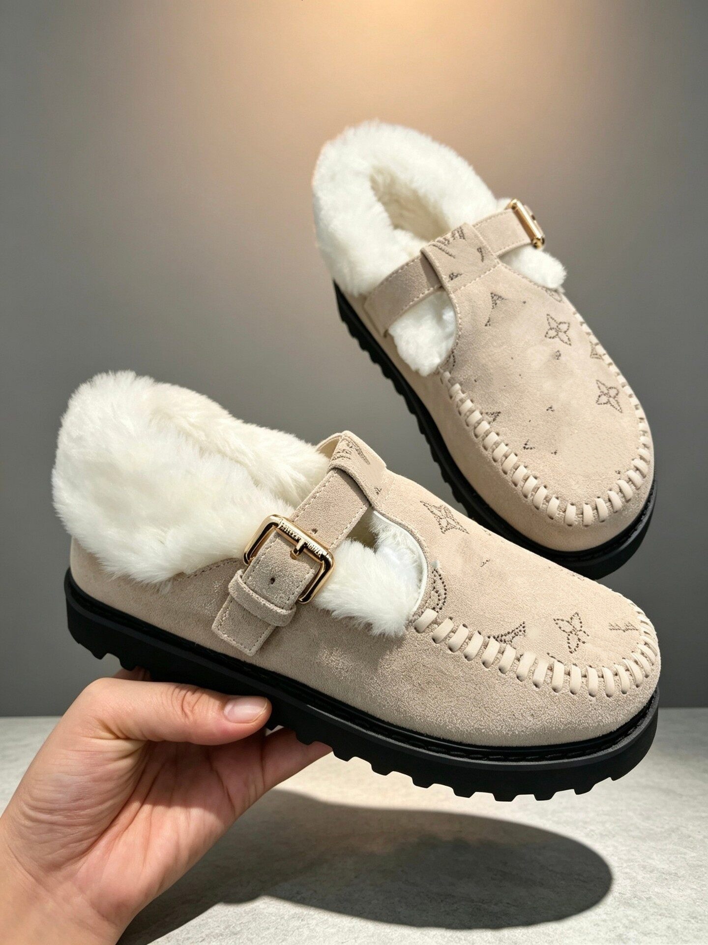 mule woman designer matte sheepskin fluffy round toe wide thick sole home indoor cozy luxury comfortable beige khaki brown gold modern fashion casua