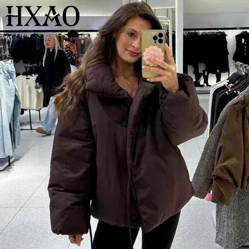 Down Parkas HXAO Women's Women's Winter Jacket Lightweight Padded Jackets Brown Crop Parka Women Lace-Up Long Sleeve Quilted Jacket Chic W