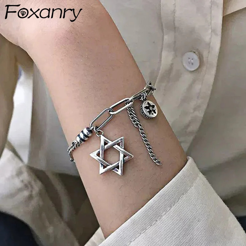 Foxanry INS Fashion Silver Color Thick Chain Bracelets for Women Thai Silver Trendy Vintage Stars Pendant Paert Jewelry 261009