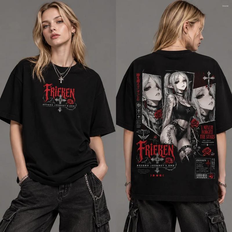 Harajuku Style Frieren T-Shirt Vintage Washed Anime Graphic Print Unisex Loose Streetwear Summer Casual Cotton Tee