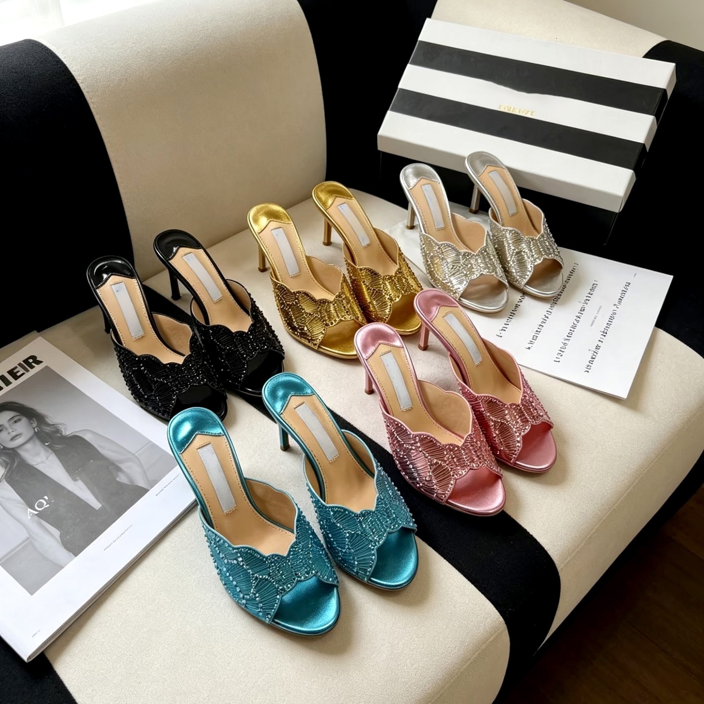 Gold Sequins casual stiletto mule slipper Summer Mesh Rhinestone slide luxurys pumps Designer womens beach Outdoor travel wedding party open toe hig