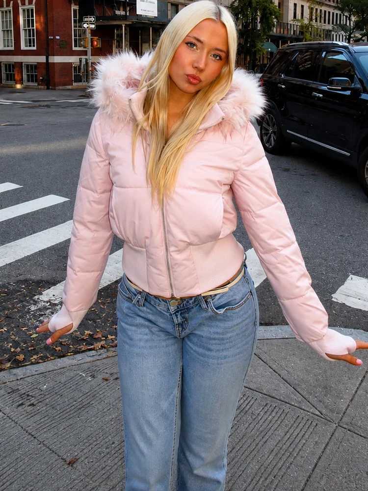 Parkas Women's Women Down Y2K Pink Cropped Puffer Jacket Big Faux Fur Hooded Coat Winter Slim Waist Warm Outerwear 2000s Spicy Girl Black Blue