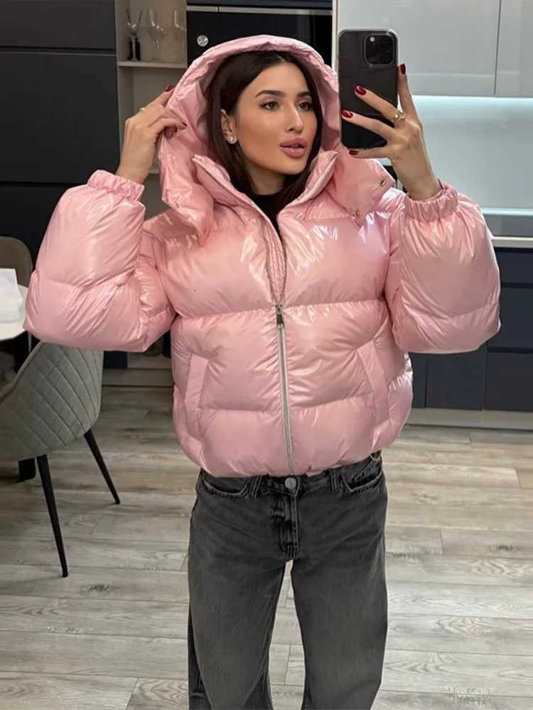Parkas Women's Glossy Down Cropped Hooded Puffer Coat Drawstring Hem Zip-Up 2026 Winter Women Warm Padded Jacket Warm Causal Lady CottonPadded