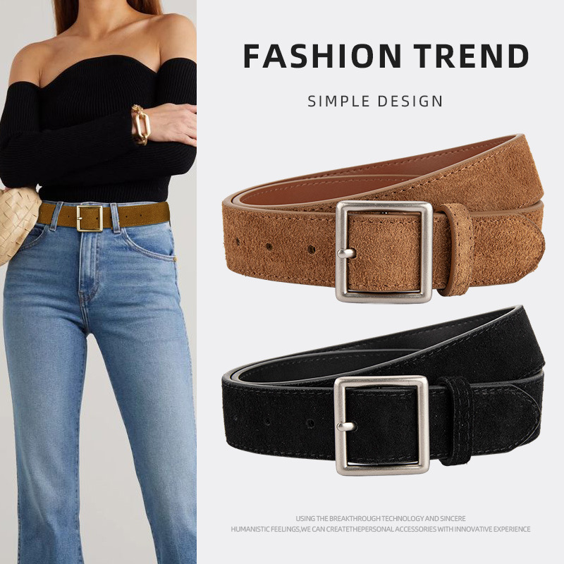 Korean Vintage Suede Women Leather Belt Silver Square Pin Buckle Cow Split Leather Waist Strap For Jeans Wholesale