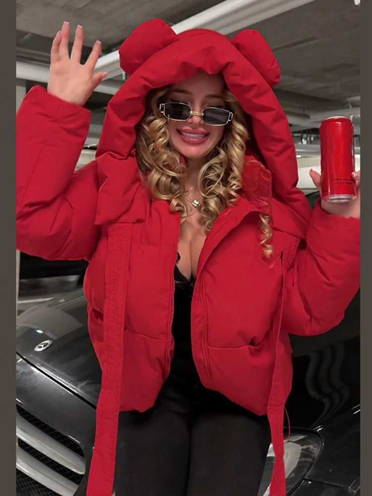 Down Parkas Chic Women's Hoodie Cotton Jackets Women Long Sleeves Zipper Lace Up Loose Thick Coats Female 2026 Winter New Fashion Solid Warm Co
