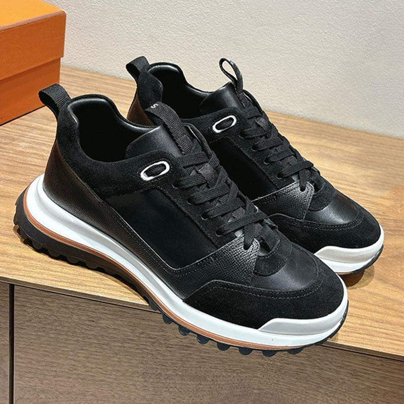 Mens black Leader sneaker Epsom calfskin suede goatskin Mixed design sneakers Light anti slip rubber sole modern urban look man smart casual shoes
