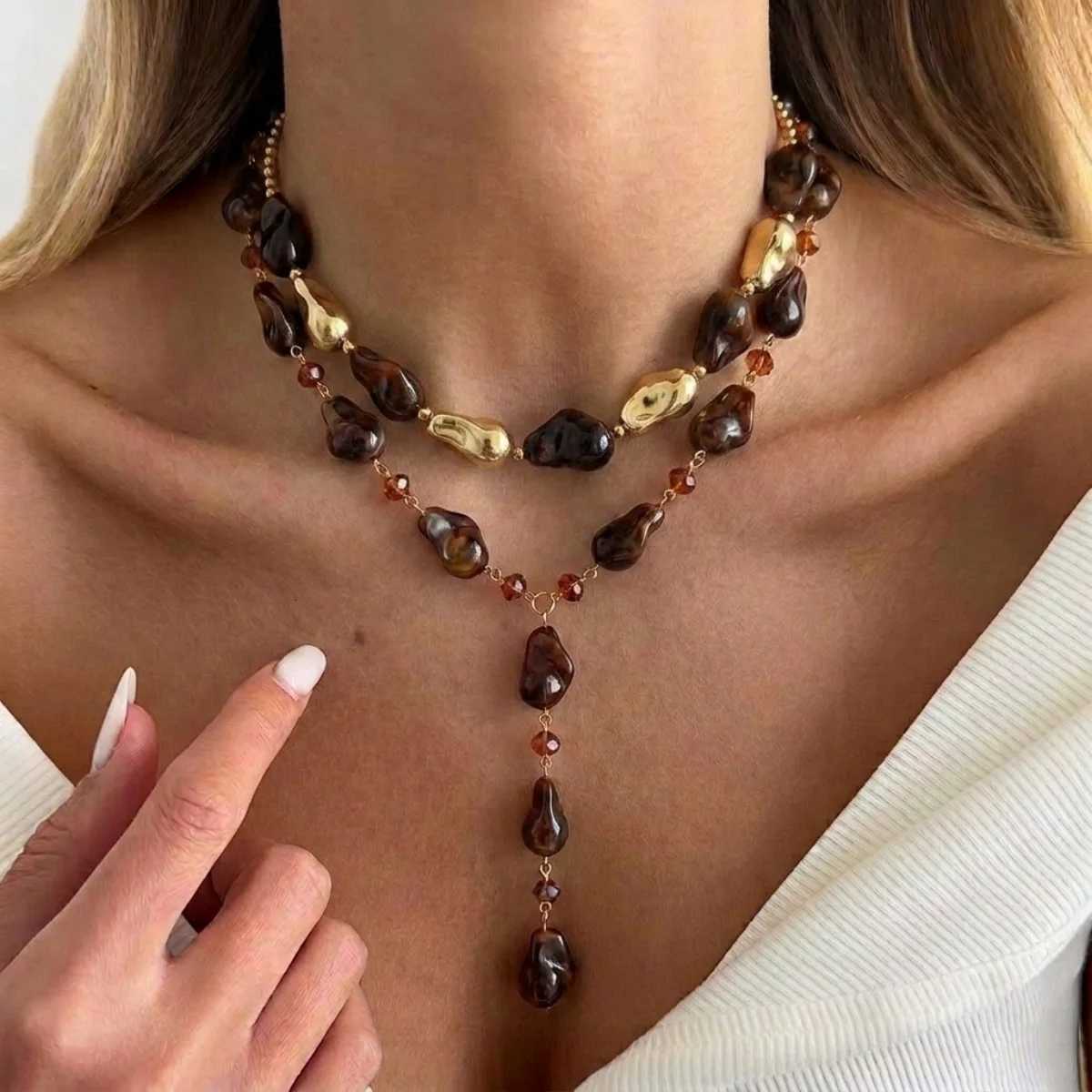 Pendant Necklaces Melancholy Brown Irregular Resin Beads YDrop Necklace For Women Men Vintage Crystal Spacer Geometric Choker Aesthetic Jewelry X261