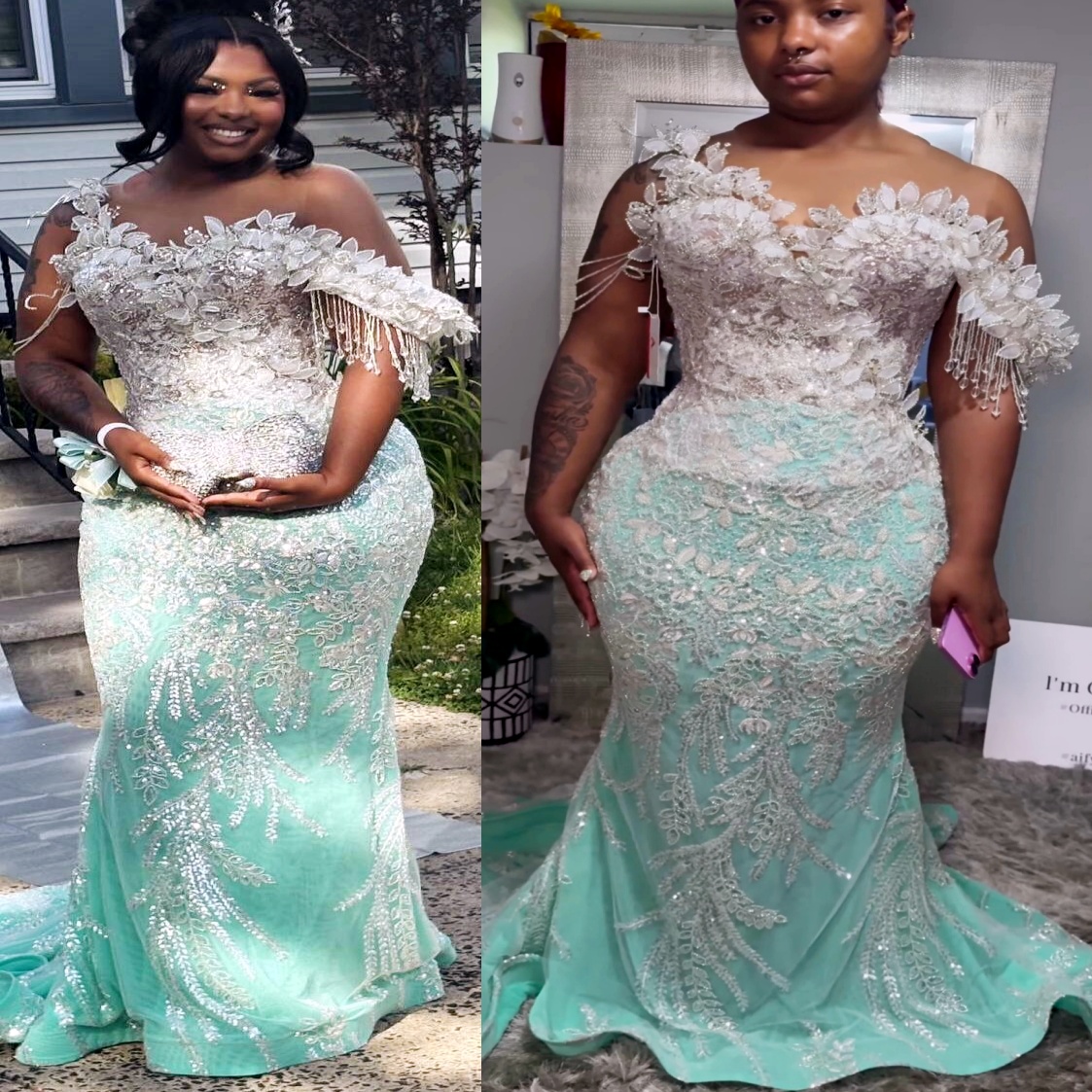 Aso Ebi Mint Mermaid Prom Dress 2026 Petals Flowers Crystals Sheer Neck Evening Dresses Birthday Formal Party Reception Second Long Dinner Dress Gow
