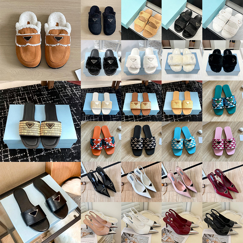 with box designer women slippers sandals heels luxury fur slides sandal fashion black white brown flat mules platform straw woven leather slipper sh
