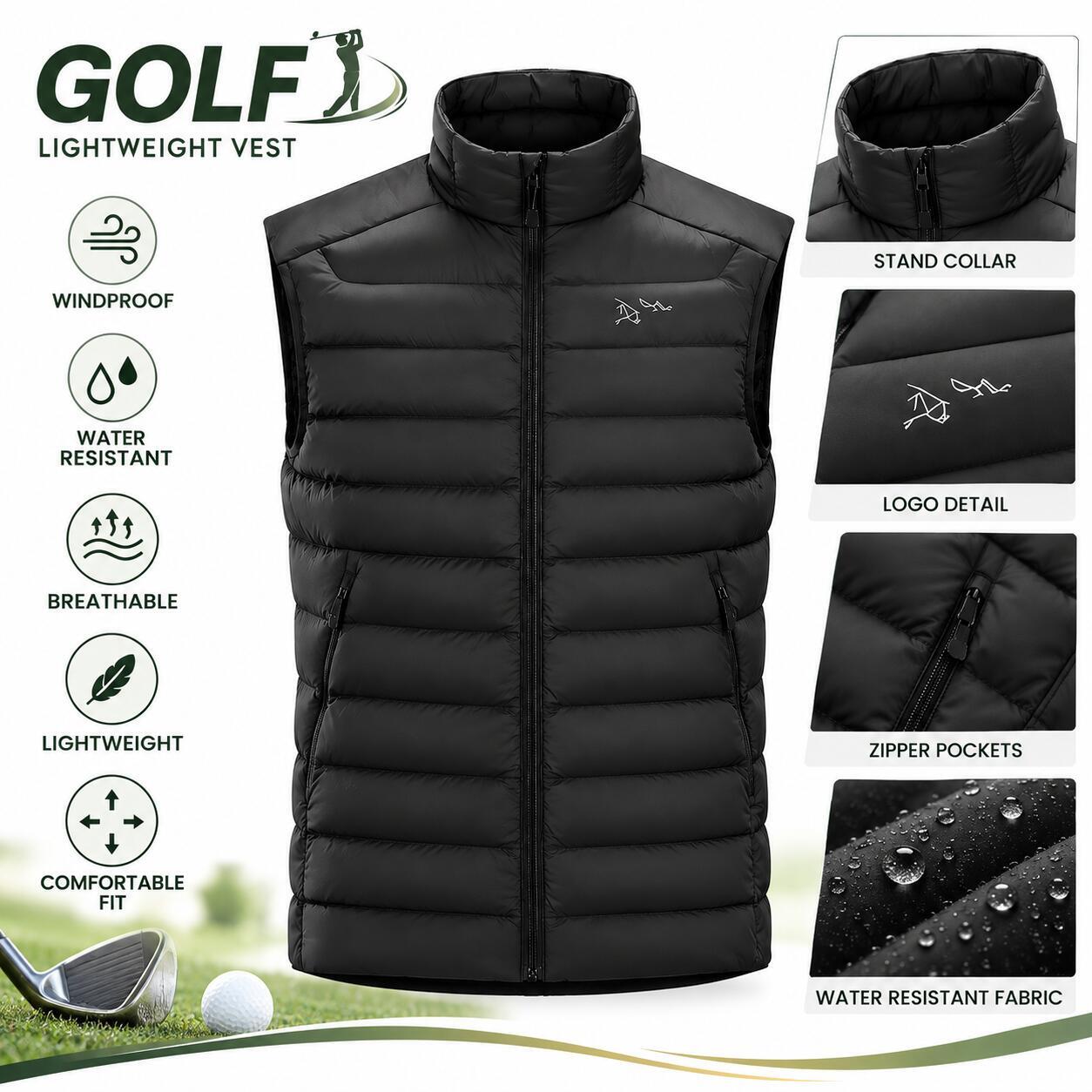 Arcteryxially Unisex Golf Puffer Vest Winter Warm Lightweight Sleeveless Jacket Stand Collar Full Zip Quilted Padded Golf Waistcoat Outdoor Sport