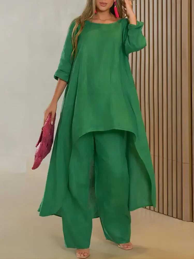 Yeezzi Women's Pants Two Piece Women's Asymmetric Hem Solid Color O-Neck High-low Tops High Waisted Wide Leg Pants Casual Daily Going Out