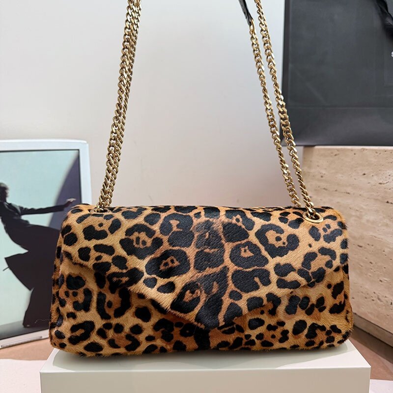 Leopard Horsehair Designer Cowhide Envelope Bags Girls Evening Wallet With Gold Chain Crossbody Leather Handbags Cosmetic Case Pocket Card Holder Pu