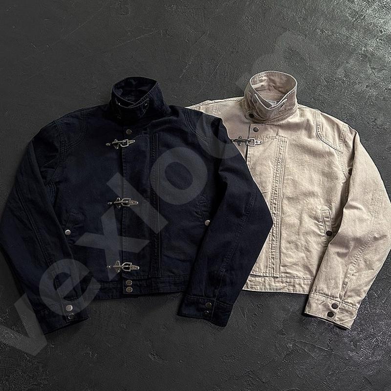 Veste courte à col montant de style militaire vintage pour hommes, fermoir en métal asymétrique sur le devant, manteau utilitaire en toile rétro