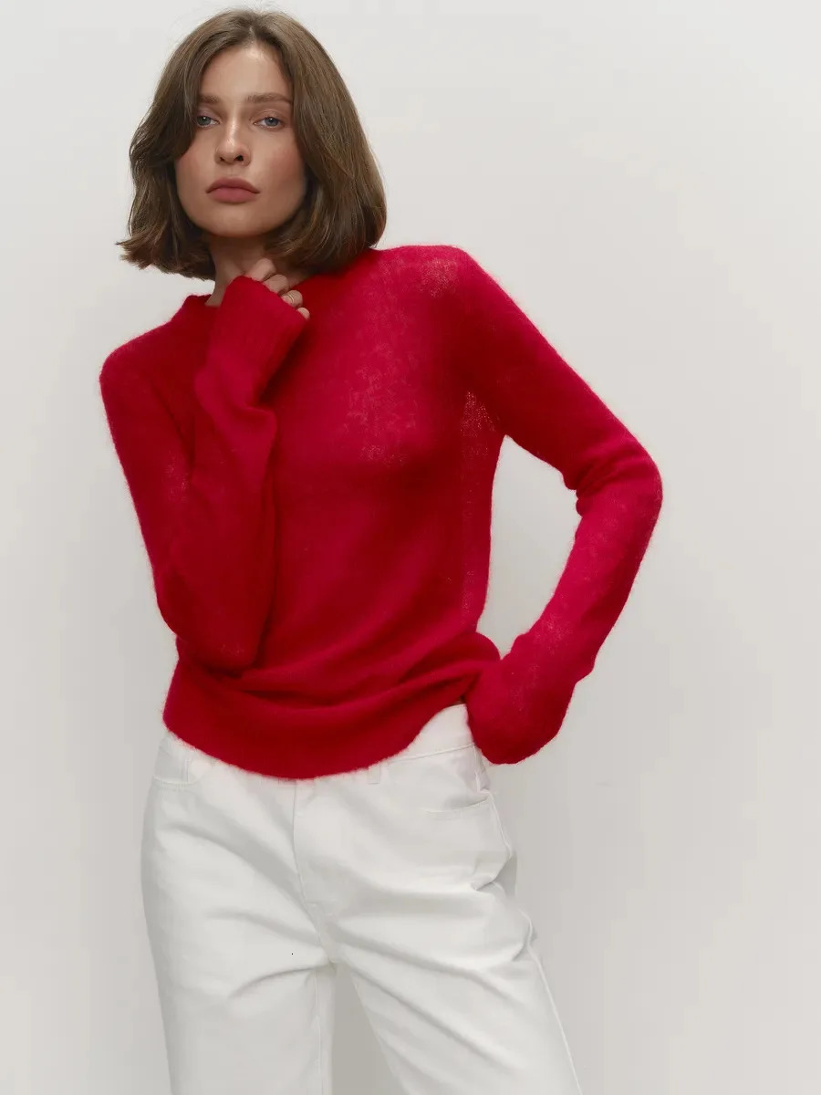 Y2k Women's Long Sleeves O-Neck Pullover Sweater Lady Loose See Through Knit Top Casual Solid Tops Autumn Streetwear 261008